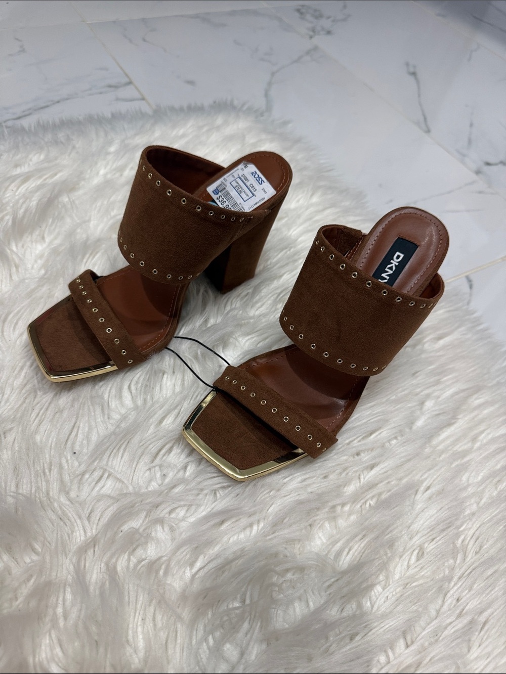 DKNY Brown Suede Studded Block Heel Sandals